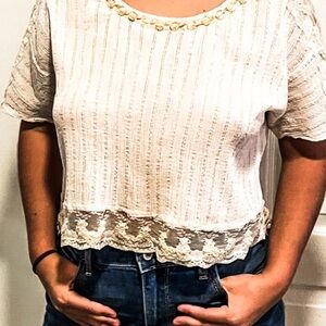 ANTHROPOLGIE vintage lace Top metallic gold stripes Size S